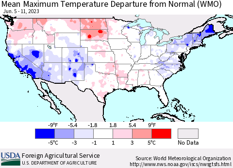 United States Mean Maximum Temperature Departure from Normal (WMO) Thematic Map For 6/5/2023 - 6/11/2023