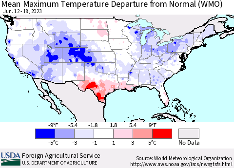 United States Mean Maximum Temperature Departure from Normal (WMO) Thematic Map For 6/12/2023 - 6/18/2023