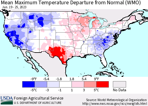 United States Mean Maximum Temperature Departure from Normal (WMO) Thematic Map For 6/19/2023 - 6/25/2023