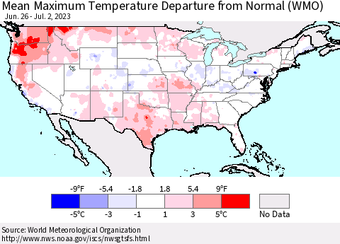 United States Mean Maximum Temperature Departure from Normal (WMO) Thematic Map For 6/26/2023 - 7/2/2023