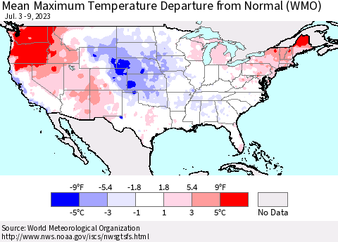 United States Mean Maximum Temperature Departure from Normal (WMO) Thematic Map For 7/3/2023 - 7/9/2023