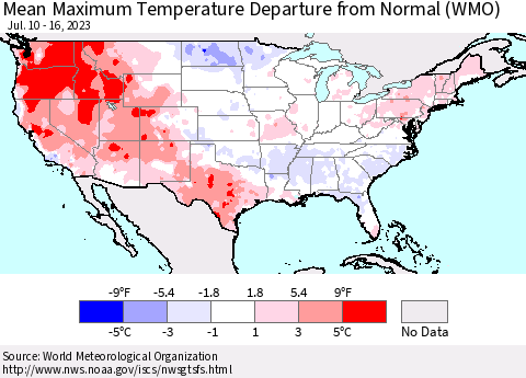 United States Mean Maximum Temperature Departure from Normal (WMO) Thematic Map For 7/10/2023 - 7/16/2023