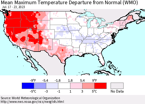 United States Mean Maximum Temperature Departure from Normal (WMO) Thematic Map For 7/17/2023 - 7/23/2023