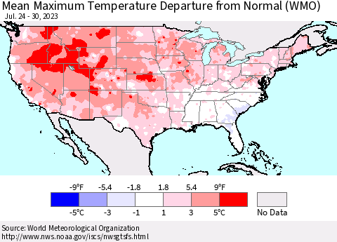 United States Mean Maximum Temperature Departure from Normal (WMO) Thematic Map For 7/24/2023 - 7/30/2023