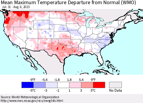 United States Mean Maximum Temperature Departure from Normal (WMO) Thematic Map For 7/31/2023 - 8/6/2023