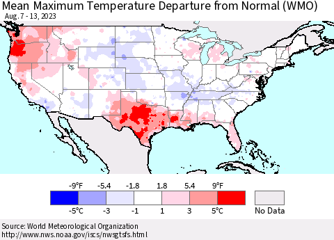 United States Mean Maximum Temperature Departure from Normal (WMO) Thematic Map For 8/7/2023 - 8/13/2023