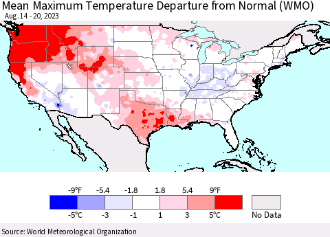 United States Mean Maximum Temperature Departure from Normal (WMO) Thematic Map For 8/14/2023 - 8/20/2023
