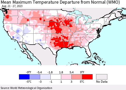United States Mean Maximum Temperature Departure from Normal (WMO) Thematic Map For 8/21/2023 - 8/27/2023