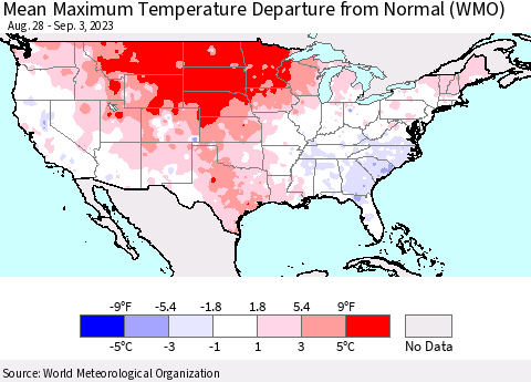 United States Mean Maximum Temperature Departure from Normal (WMO) Thematic Map For 8/28/2023 - 9/3/2023