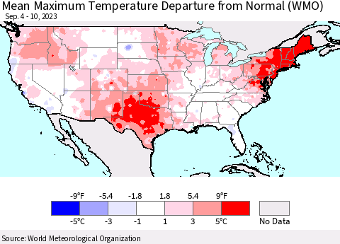 United States Mean Maximum Temperature Departure from Normal (WMO) Thematic Map For 9/4/2023 - 9/10/2023