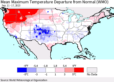 United States Mean Maximum Temperature Departure from Normal (WMO) Thematic Map For 9/11/2023 - 9/17/2023