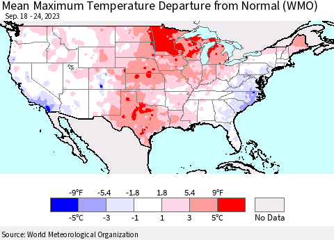 United States Mean Maximum Temperature Departure from Normal (WMO) Thematic Map For 9/18/2023 - 9/24/2023