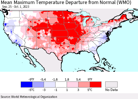 United States Mean Maximum Temperature Departure from Normal (WMO) Thematic Map For 9/25/2023 - 10/1/2023