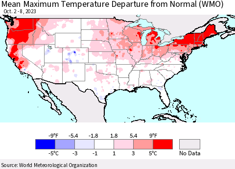 United States Mean Maximum Temperature Departure from Normal (WMO) Thematic Map For 10/2/2023 - 10/8/2023