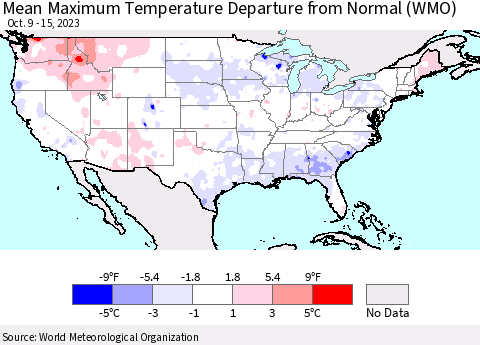 United States Mean Maximum Temperature Departure from Normal (WMO) Thematic Map For 10/9/2023 - 10/15/2023