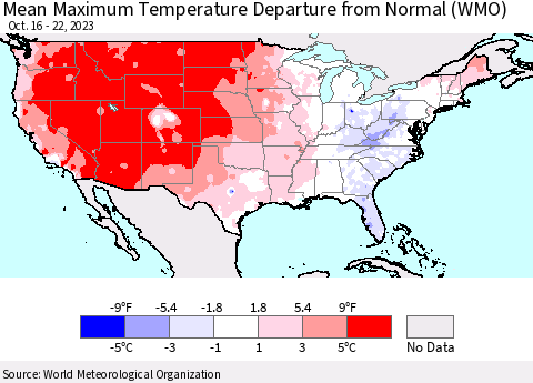 United States Mean Maximum Temperature Departure from Normal (WMO) Thematic Map For 10/16/2023 - 10/22/2023