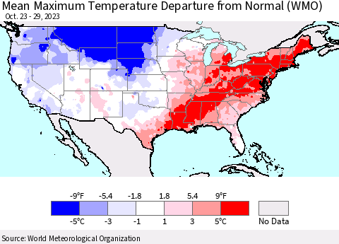 United States Mean Maximum Temperature Departure from Normal (WMO) Thematic Map For 10/23/2023 - 10/29/2023