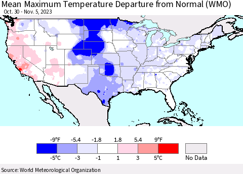 United States Mean Maximum Temperature Departure from Normal (WMO) Thematic Map For 10/30/2023 - 11/5/2023