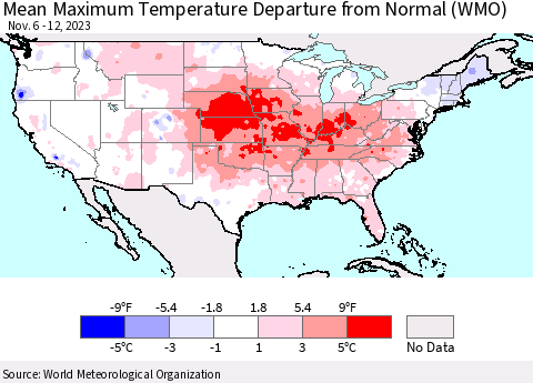 United States Mean Maximum Temperature Departure from Normal (WMO) Thematic Map For 11/6/2023 - 11/12/2023