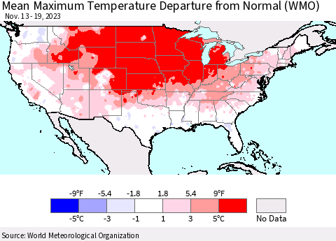 United States Mean Maximum Temperature Departure from Normal (WMO) Thematic Map For 11/13/2023 - 11/19/2023