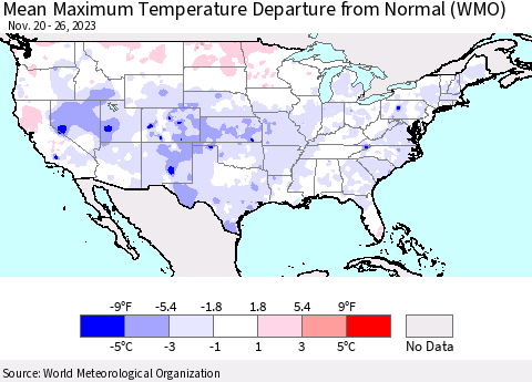 United States Mean Maximum Temperature Departure from Normal (WMO) Thematic Map For 11/20/2023 - 11/26/2023