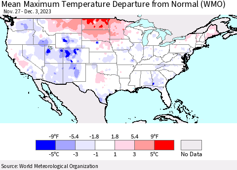 United States Mean Maximum Temperature Departure from Normal (WMO) Thematic Map For 11/27/2023 - 12/3/2023