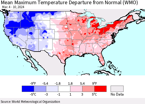 United States Mean Maximum Temperature Departure from Normal (WMO) Thematic Map For 3/4/2024 - 3/10/2024