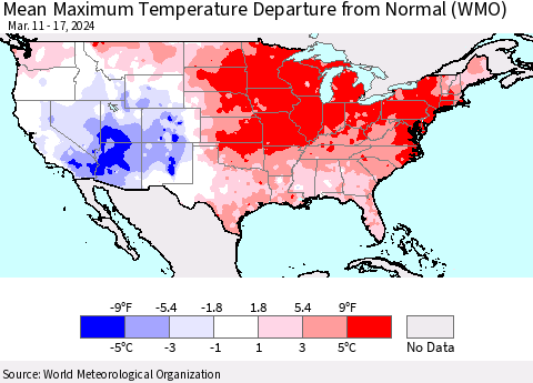 United States Mean Maximum Temperature Departure from Normal (WMO) Thematic Map For 3/11/2024 - 3/17/2024