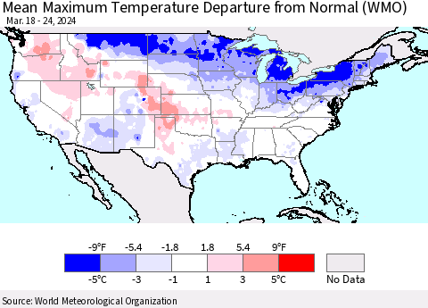 United States Mean Maximum Temperature Departure from Normal (WMO) Thematic Map For 3/18/2024 - 3/24/2024