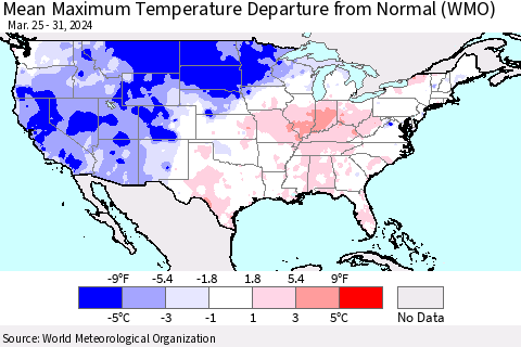 United States Mean Maximum Temperature Departure from Normal (WMO) Thematic Map For 3/25/2024 - 3/31/2024
