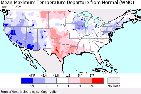 United States Mean Maximum Temperature Departure from Normal (WMO) Thematic Map For 4/1/2024 - 4/7/2024