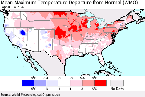 United States Mean Maximum Temperature Departure from Normal (WMO) Thematic Map For 4/8/2024 - 4/14/2024