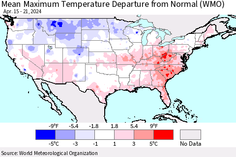 United States Mean Maximum Temperature Departure from Normal (WMO) Thematic Map For 4/15/2024 - 4/21/2024