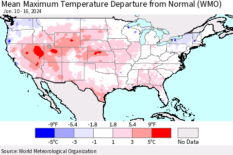 United States Mean Maximum Temperature Departure from Normal (WMO) Thematic Map For 6/10/2024 - 6/16/2024