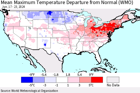 United States Mean Maximum Temperature Departure from Normal (WMO) Thematic Map For 6/17/2024 - 6/23/2024