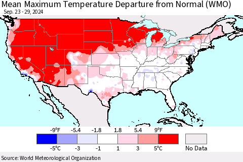 United States Mean Maximum Temperature Departure from Normal (WMO) Thematic Map For 9/23/2024 - 9/29/2024