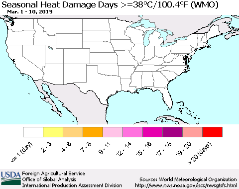 United States Seasonal Heat Damage Days >=38°C/100.4°F (WMO) Thematic Map For 3/1/2019 - 3/10/2019