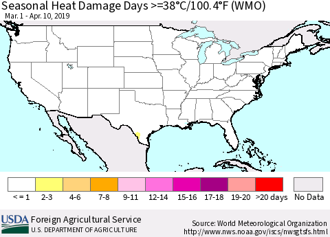 United States Seasonal Heat Damage Days >=38°C/100.4°F (WMO) Thematic Map For 3/1/2019 - 4/10/2019
