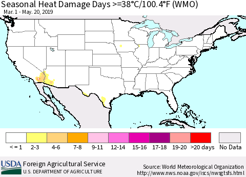 United States Seasonal Heat Damage Days >=38°C/100.4°F (WMO) Thematic Map For 3/1/2019 - 5/20/2019
