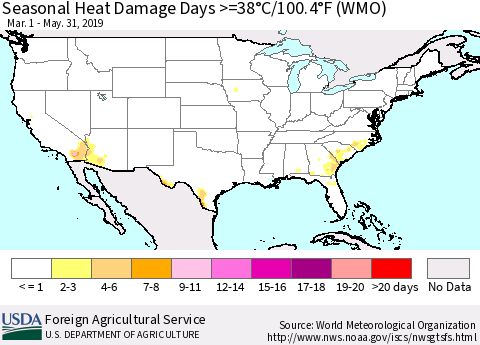 United States Seasonal Heat Damage Days >=38°C/100.4°F (WMO) Thematic Map For 3/1/2019 - 5/31/2019