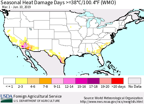 United States Seasonal Heat Damage Days >=38°C/100.4°F (WMO) Thematic Map For 3/1/2019 - 6/10/2019