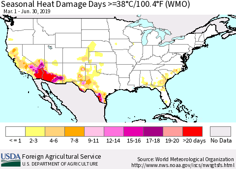 United States Seasonal Heat Damage Days >=38°C/100.4°F (WMO) Thematic Map For 3/1/2019 - 6/30/2019