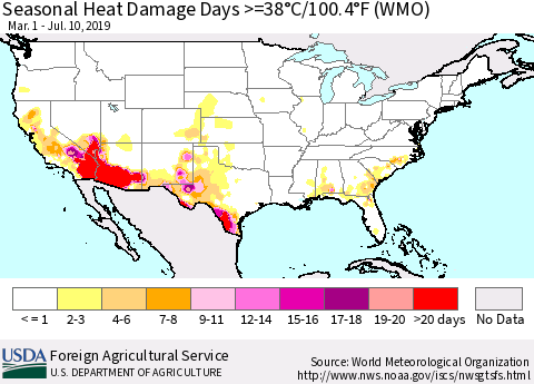 United States Seasonal Heat Damage Days >=38°C/100°F (WMO) Thematic Map For 3/1/2019 - 7/10/2019