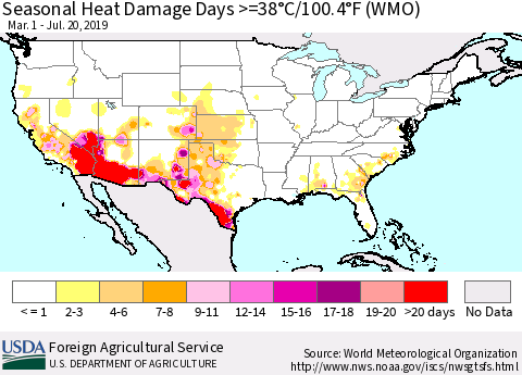 United States Seasonal Heat Damage Days >=38°C/100.4°F (WMO) Thematic Map For 3/1/2019 - 7/20/2019