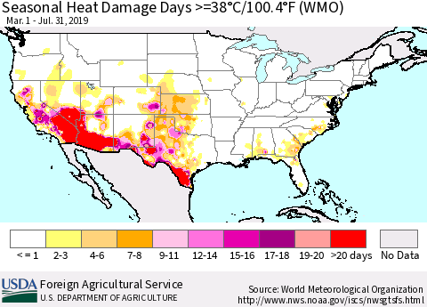 United States Seasonal Heat Damage Days >=38°C/100°F (WMO) Thematic Map For 3/1/2019 - 7/31/2019