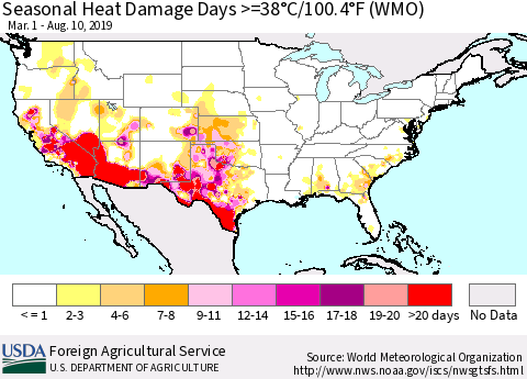 United States Seasonal Heat Damage Days >=38°C/100.4°F (WMO) Thematic Map For 3/1/2019 - 8/10/2019