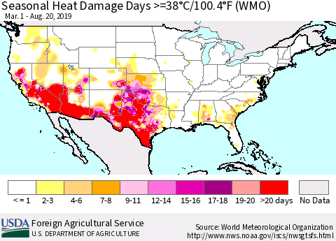 United States Seasonal Heat Damage Days >=38°C/100.4°F (WMO) Thematic Map For 3/1/2019 - 8/20/2019