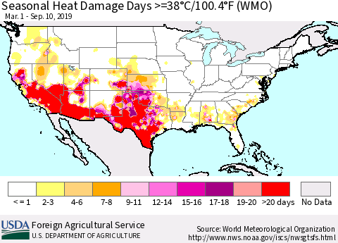 United States Seasonal Heat Damage Days >=38°C/100.4°F (WMO) Thematic Map For 3/1/2019 - 9/10/2019