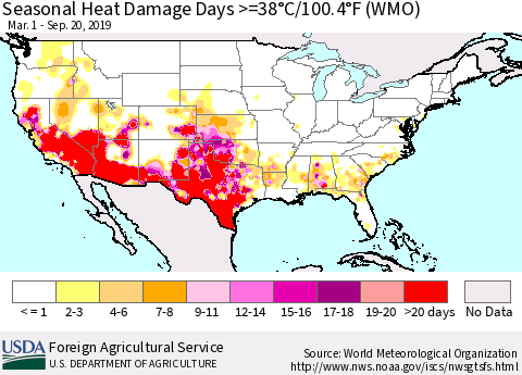 United States Seasonal Heat Damage Days >=38°C/100.4°F (WMO) Thematic Map For 3/1/2019 - 9/20/2019