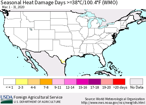 United States Seasonal Heat Damage Days >=38°C/100°F (WMO) Thematic Map For 3/1/2020 - 3/31/2020